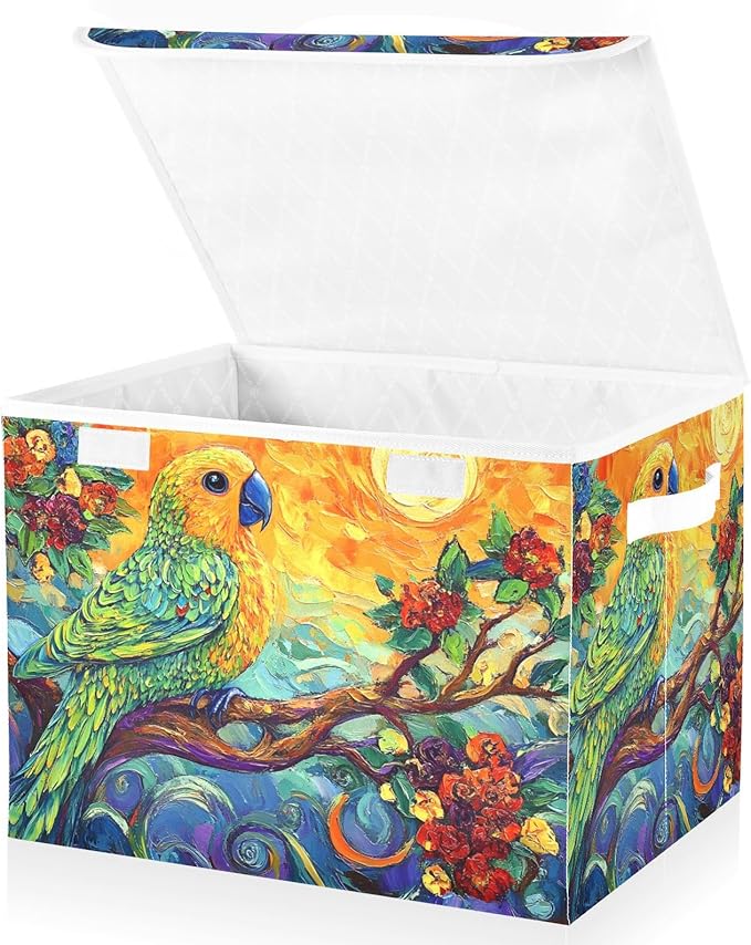 Fantastic Parrot Storage Cube Bins Basket with Lid Collapsible Flip-top Fabric with Handle for Home Bedroom Closet Office 16.5×12.6×11.8 in