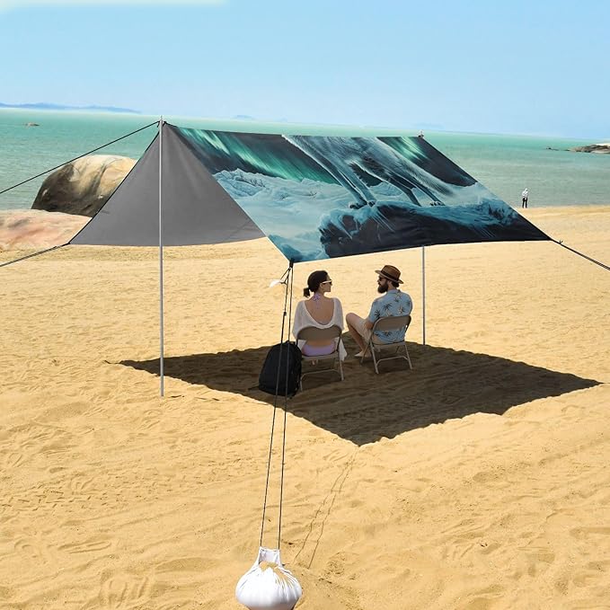 ALAZA Wolf Green Polar Lights Beach Tent Sun Shelter UPF50+ Protection Beach Shade Canopy w/ 4 Sandbags for Outdoor Camping Fishing Backyard Fun Picnic 10x9 ft