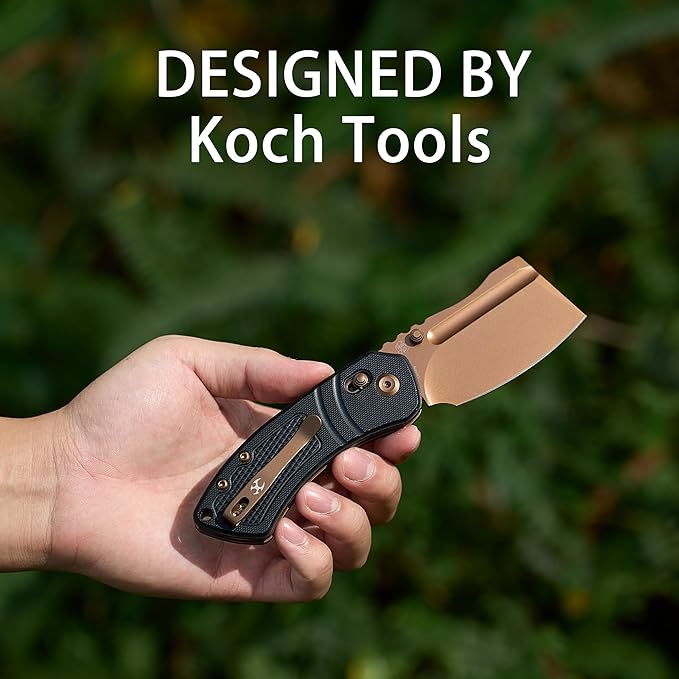 KANSEPT Korvid V Pocket Knife 2.91'' America Rose Gold Coated D2 Blade Black G10 with Diamond Pattern Handle Thumb Stud with Crossbar Lock Double Sided Clip for EDC Camping Folding Knives TE2030V1