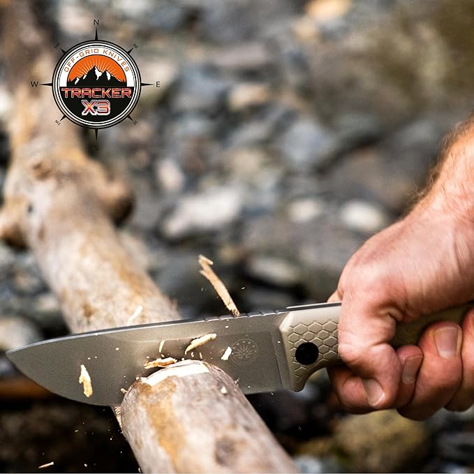 Off-Grid Knives - TRACKER-X3 Fixed Blade Knife Cryo D2 Blade Steel G10 Scales Kydex Sheath OG Lo-Pro Belt Attachment Camping Bushcraft Hunting Survival (Coyote)