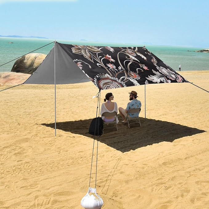 ALAZA Vintage Paisley Flower Beach Tent Sun Shelter UPF50+ Protection Beach Shade Canopy w/ 4 Sandbags for Outdoor Camping Fishing Backyard Fun Picnic 10x9 ft