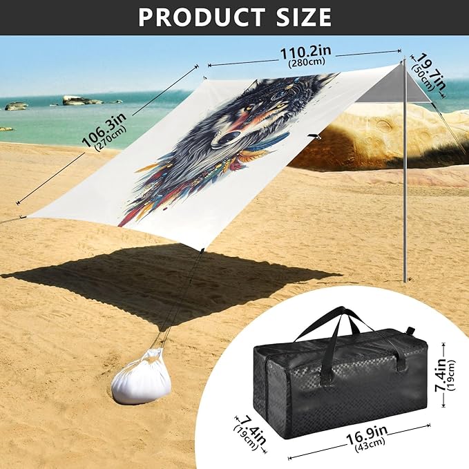 ALAZA Boho Wolf Potrait Beach Tent Sun Shelter UPF50+ Protection Beach Shade Canopy w/ 4 Sandbags for Outdoor Camping Fishing Backyard Fun Picnic 10x9 ft