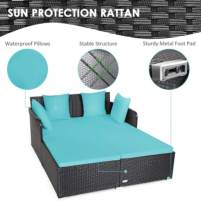Tangkula Outdoor Rattan Daybed Sunbed Wicker Furniture w/Spacious Seat Upholstered Cushion &amp High-Resilience Sponge Wicker Patio Sofa Set w/Extra Pillows for Courtyard Poolside(Turquoise)