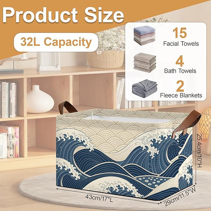 Ocean Waves Storage Bin with Handles Basket Storage Organizer for Shelves Closet Nursery Book Laundry Hamper &amp Home Decor