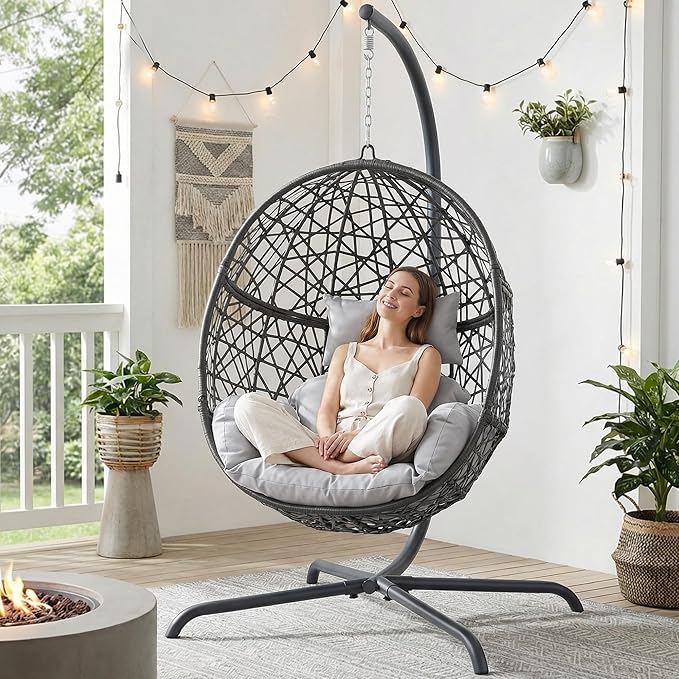 BULEXYARD Oversized Hanging Egg Chair with Stand Indoor Outdoor Grey Wicker Bird Cage Swing Chair Patio Hammock Egg-Shaped Chair with Light Grey Cushion for Sunroom Deck 350lbs Capacity
