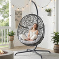 BULEXYARD Oversized Hanging Egg Chair with Stand Indoor Outdoor Grey Wicker Bird Cage Swing Chair Patio Hammock Egg-Shaped Chair with Light Grey Cushion for Sunroom Deck 350lbs Capacity