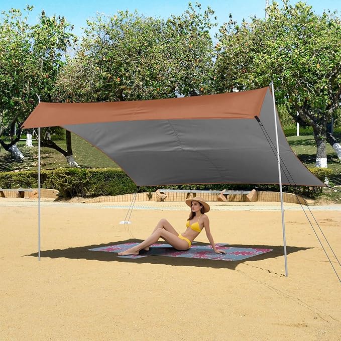 Terracotta Solid Color Pure Plain Beach Tent UPF50 Waterproof Portable Sun Shelter Includes Sand Shovel Sandbags Stability Poles for Camping Picnics Backyard &amp Fishing