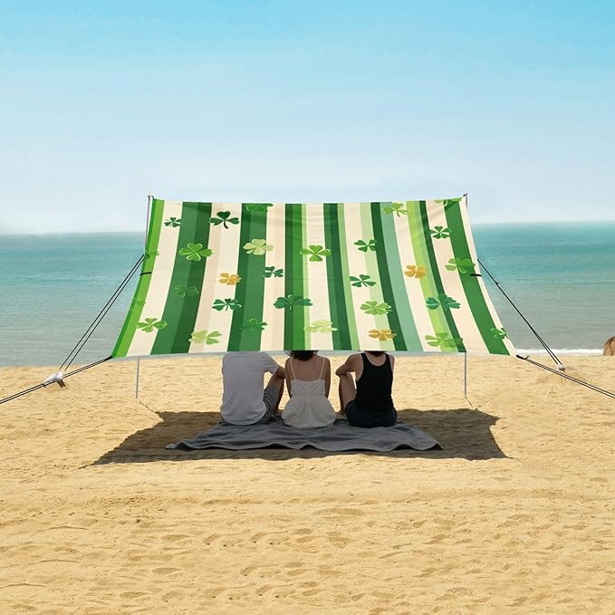 St Patrick's Striped Shamrocks Beach Tent Sun Shelter Set UPF50+ UV Protection 10.5 x 9.19 FT Camping Shade Canopy with Sandbags Sand Anchors Carrying Bag and Others