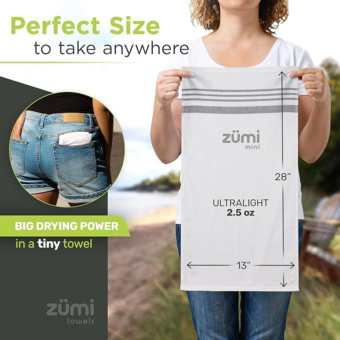 Zumi MINI 100% Cotton Camping Travel Towel - Small Ultralight Fast Drying Highly Absorbent Soft and Gentle on The Skin Safe for The Planet (28 x 13 White)