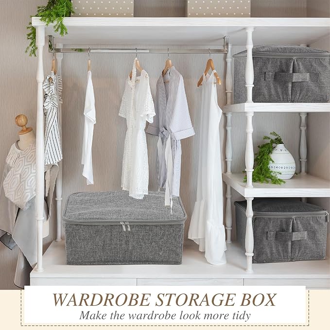 Soaoo 5 Pcs Fabric Storage Bins with Zipper Lids and Handle 15 x 10 x 6'' Rigid Collapsible Washable Wardrobe Storage Boxes Stackable Foldable Closet Organizer Containers Cubes Gray