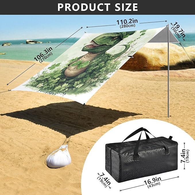 ALAZA Happy St. Patrick's Day Shamrock Dinosaur Beach Tent Sun Shelter Portable Canopy Sunshade for Outdoor Camping Picnics Backyard Fun 10x9 ft