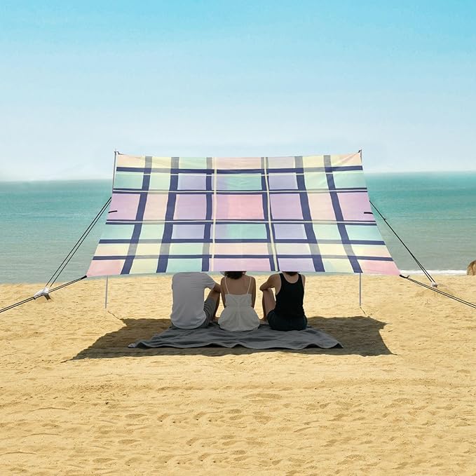 xigua Plaid Beach Tent Sun Shelter with Carrying Bag - Silver Coated Oxford Fabric Beach Canopy for Beach Camping Fishing - Includes Windproof Ropes Sandbags &amp Stakes