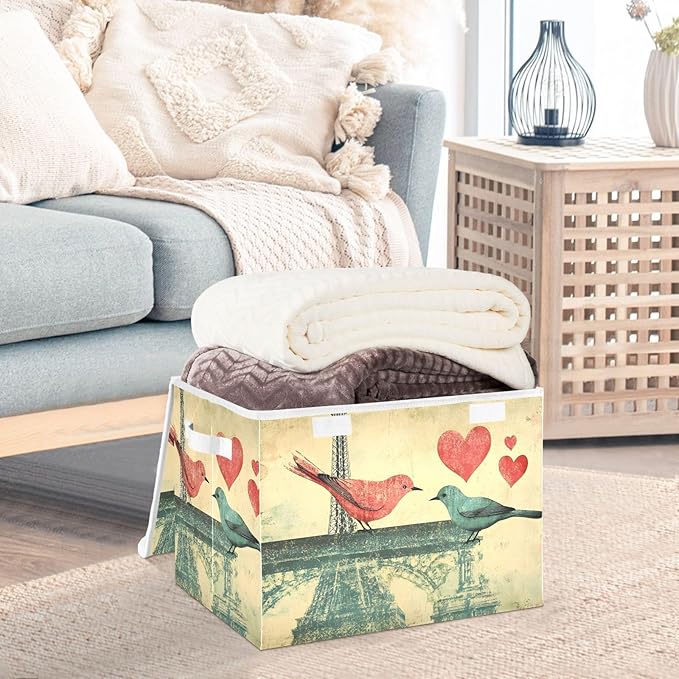 AIXIWAWA Lidded Storage Cube (Eiffel Birds Love) Fabric Foldable Closet Bins with Flip Lid and Handles Organizer Basket Container 16.5 x 12.6 x 11.8 IN
