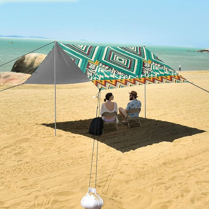 Beach Canopy with Windproof Ropes &amp Sandbags Beach Tent Sun Shade Sun Shelter for Camping Trips Fishing Backyard Fun or Picnics Boho Tribal Aztec