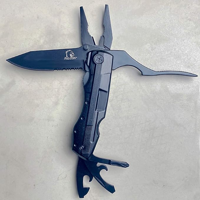 Falcon Multi Purpose Pocket Knife Designed With Many Functions In 440 Black Stainless Coated Steel