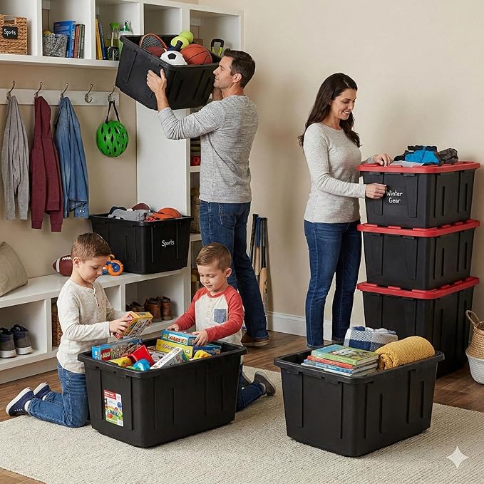 27 Gallon Storage Bin with Lid Heavy Duty Plastic Storage Tote Black and Red Stackable Storage Container for Indoor Outdoor Use Plastic Totes with Lids for Storage (2 Pack)