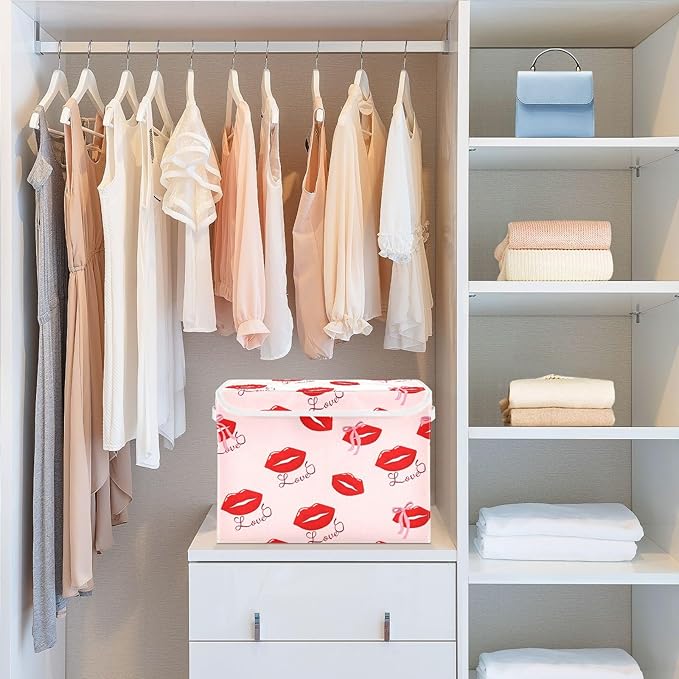 Collapsible Storage Bins with Lids Red Lips with Love Foldable Fabric Organizer Baskets for Closet Home &amp Seasonal Decor 16.5x12.6x11.8 Inches