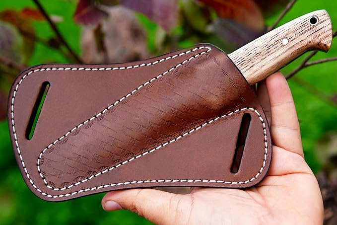 Ottoza Full Tang Bushcraft Knife with 1095 Carbon Steel Fixed Blade - Survival and Outdoor Camping Knife - Ash Wood Handle Brown Leather Sheath 403