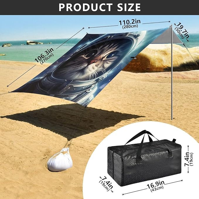 ALAZA Cat Astronaut Beach Tent Sun Shelter UPF50+ Protection Beach Shade Canopy w/ 4 Sandbags for Outdoor Camping Fishing Backyard Fun Picnic 10x9 ft
