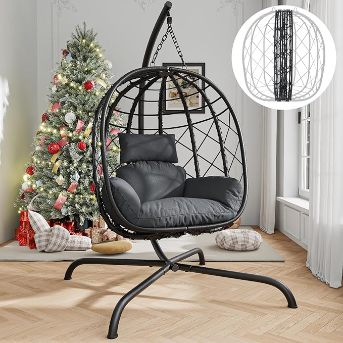 Hanging Egg Chair with Stand Patio Wicker Rattan Swing Chair Hammock Egg Chair for Indoor &amp Outdoor 400lbs Capacity with Thickened Cushion for Bedroom Balcony Garden
