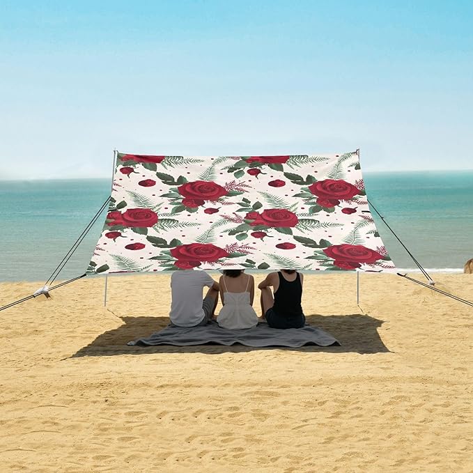 ALAZA Red Rose Fern Pattern Beach Tent Sun Shelter UPF50+ Protection Beach Shade Canopy w/ 4 Sandbags for Outdoor Camping Fishing Backyard Fun Picnic 10x9 ft