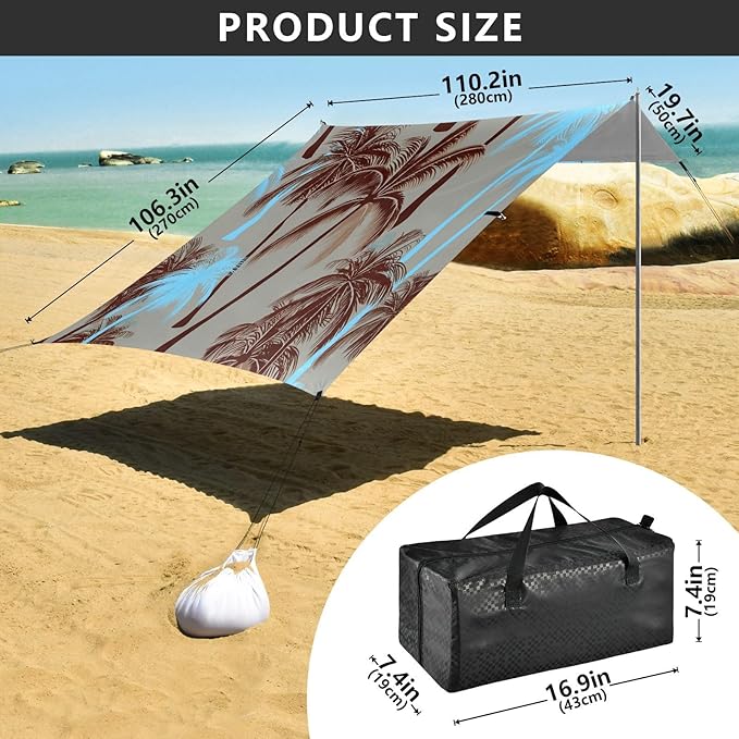 xigua Palm Tree Beach Tent Sun Shelter with Carrying Bag - Silver Coated Oxford Fabric Beach Canopy for Beach Camping Fishing - Includes Windproof Ropes Sandbags &amp Stakes