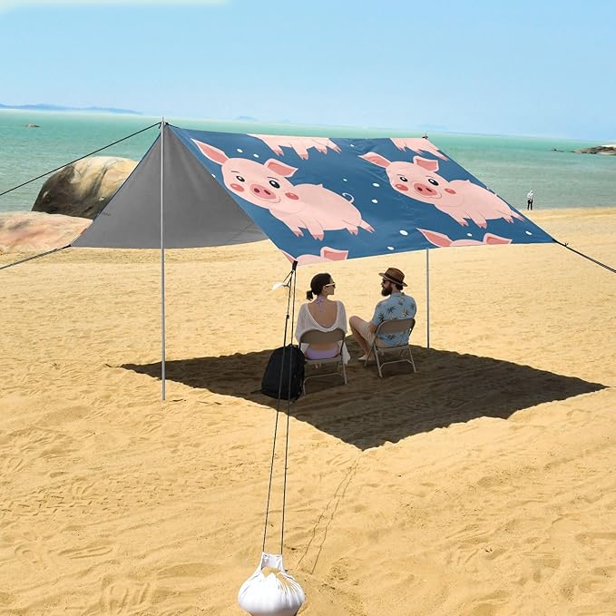 ALAZA Blue Background with Cute Pigs Seamless Beach Tent Sun Shelter Portable Canopy Sunshade for Outdoor Camping Picnics Backyard Fun 10x9 ft