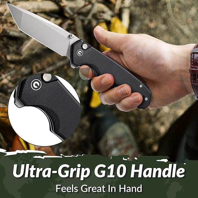 CIVIVI Brazen Folding Knife Button Lock Pocket Knife with 3.46'' Swedish 14C28N Tanto Blade Ultra-Grip G10 Handle Low Profile Clip for EDC C19059C-1 (Black)