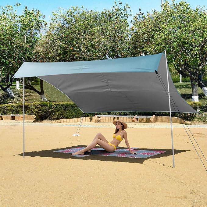 Deep Blue Gradient Foldable Beach Cabana UPF50 Lightweight Shade Sun Shelter Includes Sand Shovel Sandbags Stability Poles for Backyard and Camping