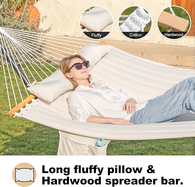 GAFETE 2 Person Hammock with Stand for Outside Heavy Duty Steel Stand Double 55inch Hammocks Large Removable Pillow Storage Bags Max 475 lbs Capacity (Beige)