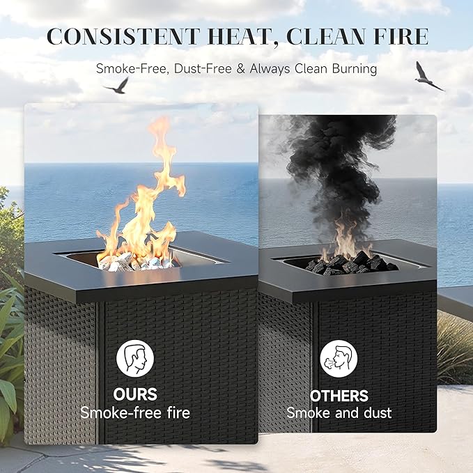 Propane Fire Pit Table 29'' - Easy Push-Turn Ignition Clean Smokeless - Rattan Wicker Outdoor Fire Table with Adjustable Flame 50000 BTU Fire Pit Gas for Patio Garden &amp Backyard Black
