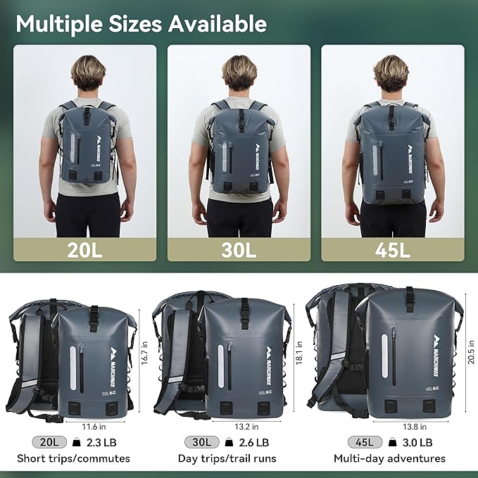 MARCHWAY Roll Top Waterproof Backpack Floating Dry Bag 20L/30L/45L with Ergonomic Rectangular Base Cushioned Back Hip Strap for Hiking Camping Kayaking Travel (Grey 30L)