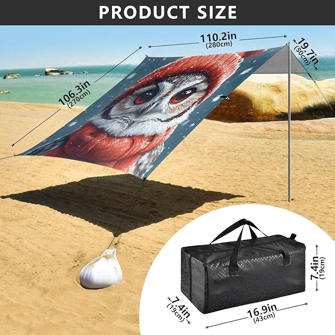 ALAZA Christmas Owl Beach Tent Sun Shelter UPF50+ Protection Beach Shade Canopy w/ 4 Sandbags for Outdoor Camping Fishing Backyard Fun Picnic 10x9 ft