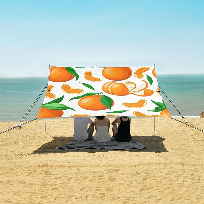 xigua Oranges Beach Tent Sun Shelter with Carrying Bag - Silver Coated Oxford Fabric Beach Canopy for Beach Camping Fishing - Includes Windproof Ropes Sandbags &amp Stakes