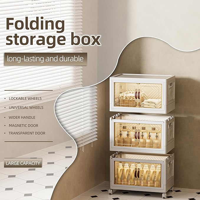 108 QT / 27 Gal Stackable Storage Bins (1 Lid) w/Wheels &amp Magnetic Doors Collapsible Plastic Organizer Cabinet for Closet Office Garage - White Storage Containers