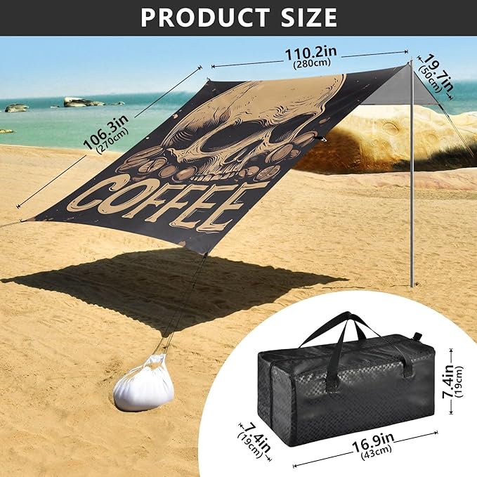 ALAZA Skull Coffee Beach Tent Sun Shelter Portable Canopy Sunshade for Outdoor Camping Picnics Backyard Fun 10x9 ft