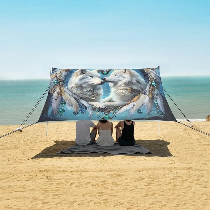 ALAZA Arctic Wolf Dreamcatcher Beach Tent Sun Shelter UPF50+ Protection Beach Shade Canopy w/ 4 Sandbags for Outdoor Camping Fishing Backyard Fun Picnic 10x9 ft