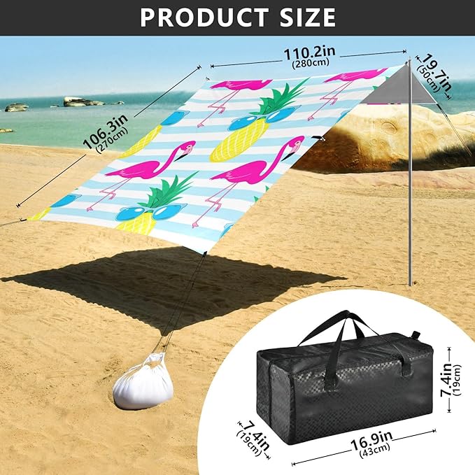 Beach Canopy with Windproof Ropes &amp Sandbags Beach Tent Sun Shade Sun Shelter for Camping Trips Fishing Backyard Fun or Picnics Flamingos