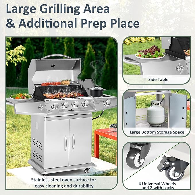 Polar Aurora Propane Gas Grill 4 Burners with Side Burner Stainless Steel Grill Cart with Wheels for Outdoor Patio Garden Backyard Cooking bbq Grill