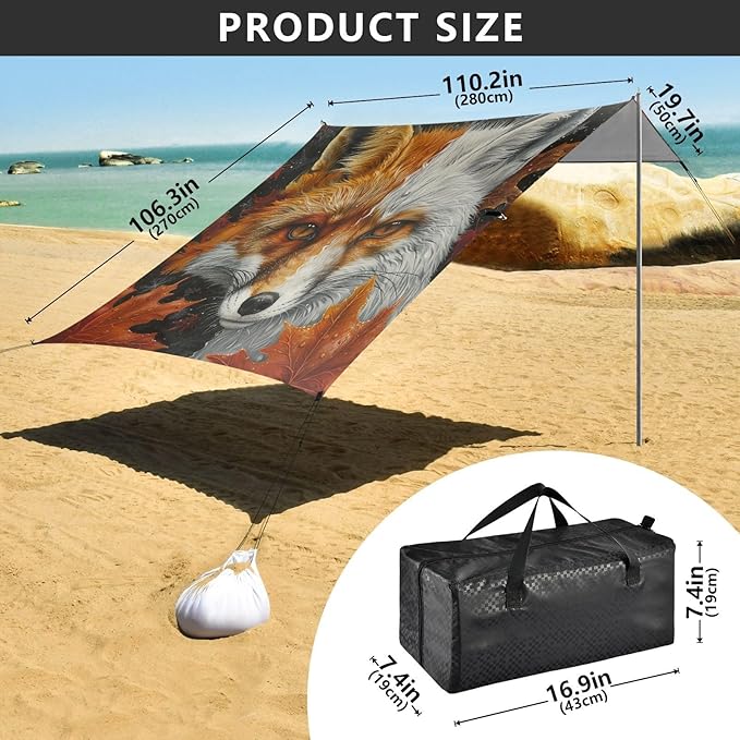 ALAZA Fox Maple Leave Beach Tent Sun Shelter Portable Canopy Sunshade for Outdoor Camping Picnics Backyard Fun 10x9 ft