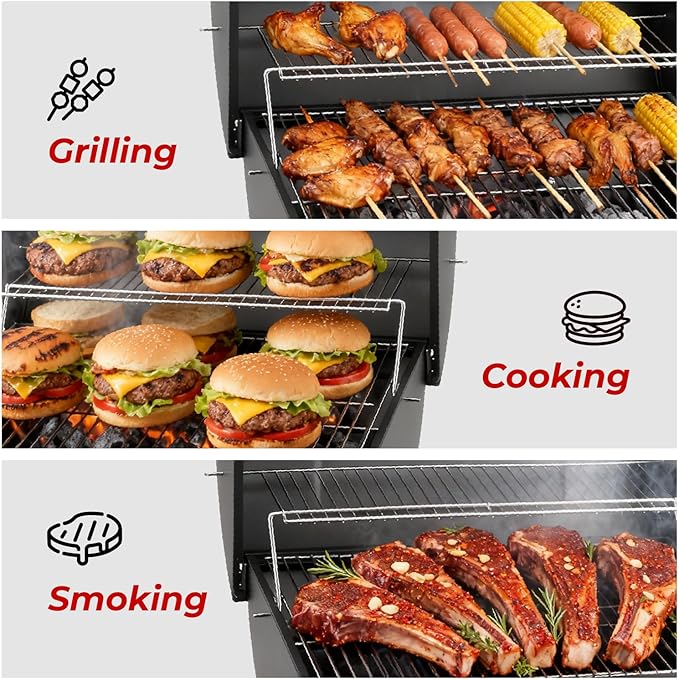 VINGLI Upgraded Barrel Charcoal Grill with 2 Sides Table BBQ Grill Outdoor Smoker with Wheels for Party Garden Patio and Backyard Cooking 39''D × 24''W × 46''H (Upgraded Grill w/Side Table)