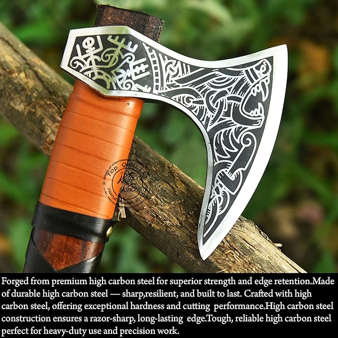 Hand-Forged Engraved Viking Axe of Ragnar Lothbrok Hunting Axe Handmade Camping Axes Hatchet-Norse Axe Tomahawk Vikings Bearded Axes with Leather-Wrapped Handle &amp Sheath (AXE-12)