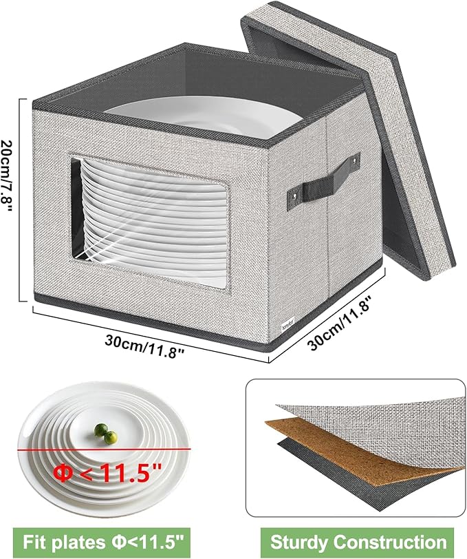 homyfort China Storage Containers With Lid and Handles Dinnerware Storage Box for Dishes with 12 Felt Dividers Hold 24 Plates12 x 12 Set of 2 Light Grey