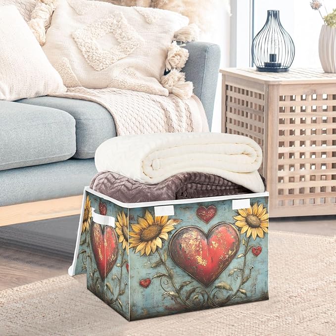 AIXIWAWA Lidded Storage Cube (Vintage Heart Valentine) Fabric Foldable Closet Bins with Flip Lid and Handles Organizer Basket Container 16.5 x 12.6 x 11.8 IN