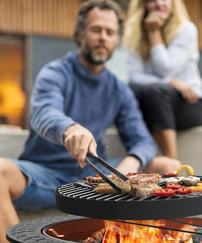 43 Inch Fire Pit with BBQ Grill Wood Burning Fire Pits for Outside with Lid &amp Poker Extra Large Heavy Duty Firepits BBQ &amp Outdoor Firepit &amp Round Metal Table 3 in 1 for Bonfire Patio
