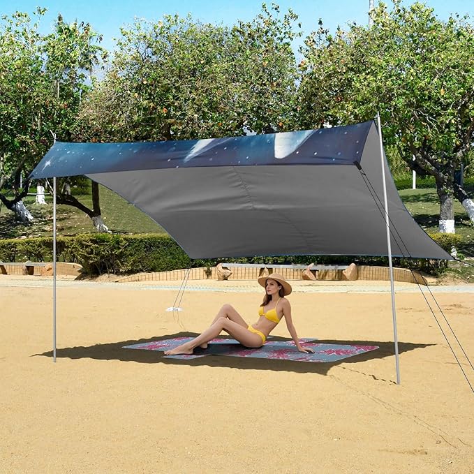 ALAZA Ice Fox Starry Sky Galaxy Beach Tent Sun Shelter UPF50+ Protection Beach Shade Canopy w/ 4 Sandbags for Outdoor Camping Fishing Backyard Fun Picnic 10x9 ft