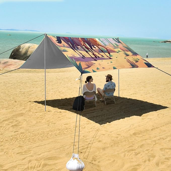 xigua Cowboys Beach Tent Sun Shelter with Carrying Bag - Silver Coated Oxford Fabric Beach Canopy for Beach Camping Fishing - Includes Windproof Ropes Sandbags &amp Stakes