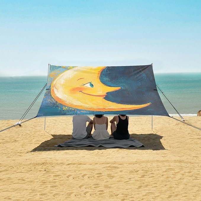 Cute Moon Beach Cabana UPF50+ Water-Resistant Large Portable Sun Shelter with Sand Pockets for Camping Picnics Backyard &amp Fishing
