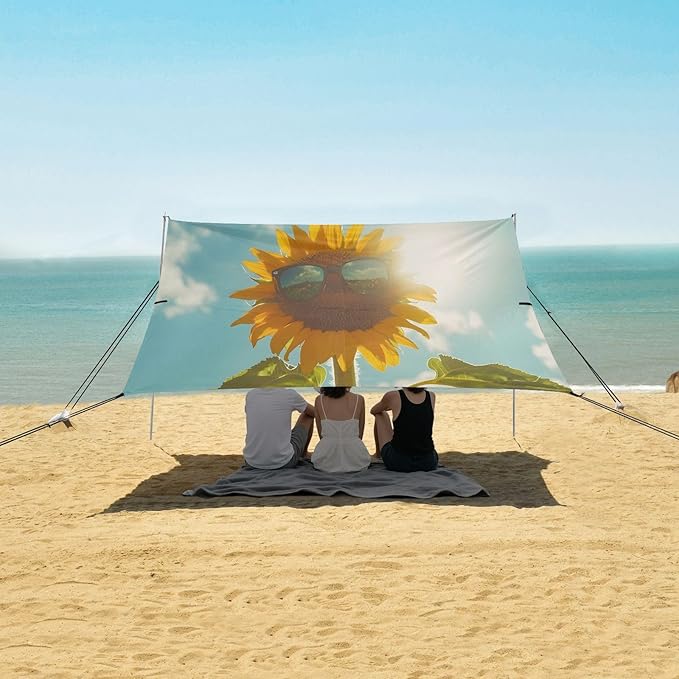 Sunflower in Sunglasses Beach Tent Sun Shelter Set UPF50+ UV Protection 10.5 x 9.19 FT Camping Shade Canopy with Sandbags Sand Anchors Carrying Bag and Others