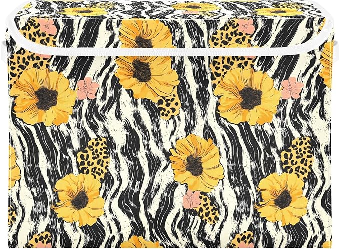 Storage Cube with Lid Leopard Sunflower Print 16.5×12.6×11.8 IN 1 Pack Collapsible Large Capacity Foldable Storage Basket Bin Organizer